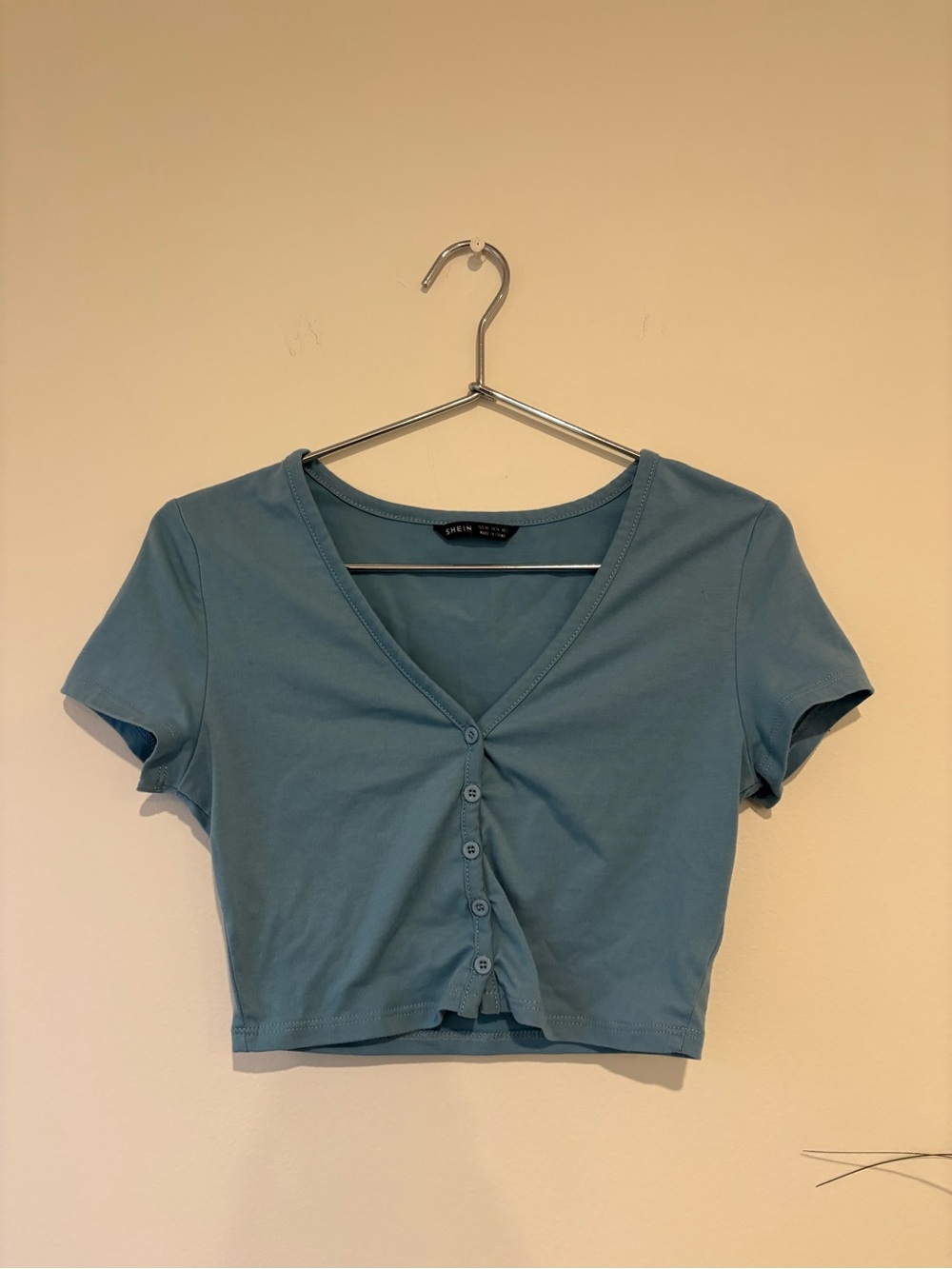 SHEIN Blue Button-Front Cropped V-Neck Top